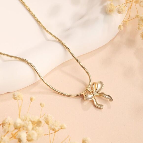 Gold Bow Necklace, 14K Gold-Plated Necklace, Dainty Pendant Gift Minimalist - Picture 4 of 6
